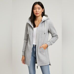 Kyodan Outdoor Cozy Gray Hooded Longline Sherpa Jacket Pockets 2 Zipper Md